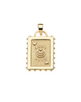 Back of gold playing card pendant features hearts suit, moon and star logo and the word LOVE