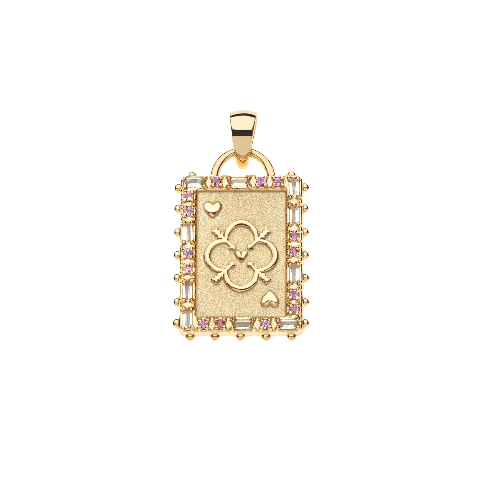 Gold playing card pendant features embellished edge of white topaz and pink tourmaline. Center of card features quatrefoil design with arrows and hearts