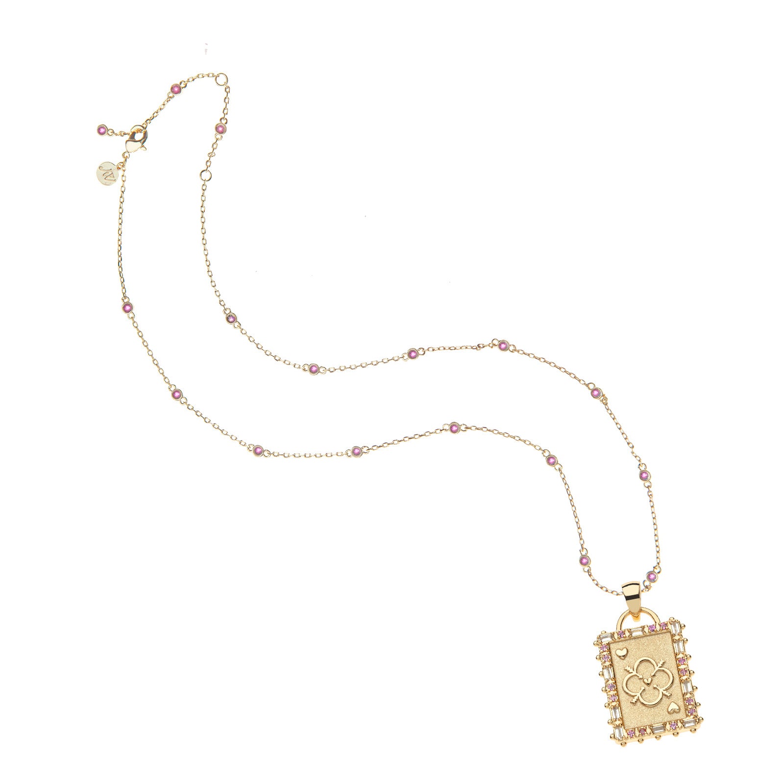 Love queen of hearts card pendant on the written in the stars chain in pink tourmaline