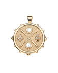 Gold coin pendant features mother of pearl heart and spade, white topaz diamond and club, as well as arrow and heart motifs