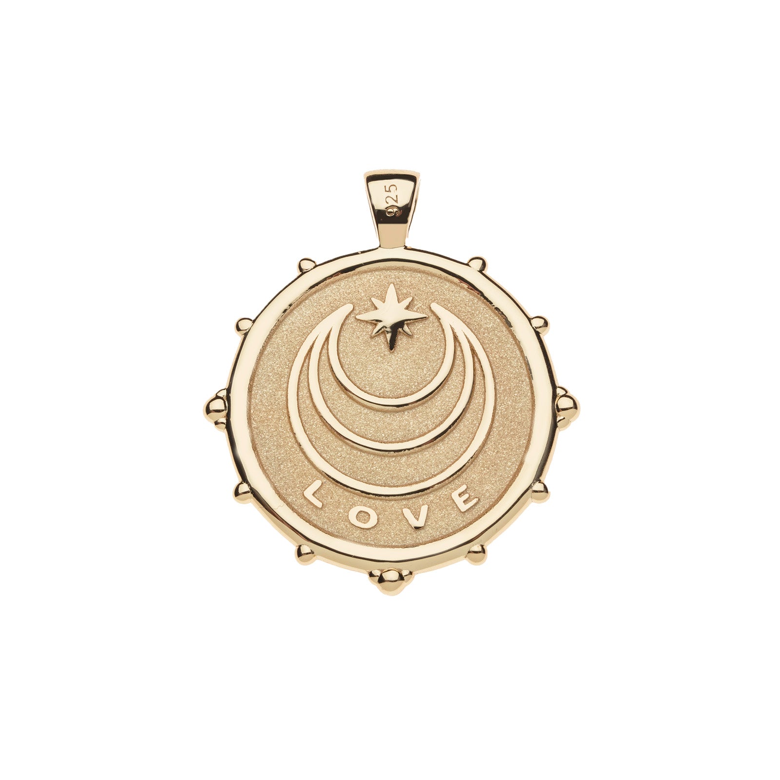 Back of gold coin pendant features moon and star logo and the word LOVE
