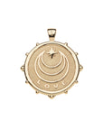 Back of gold coin pendant features moon and star logo and the word LOVE