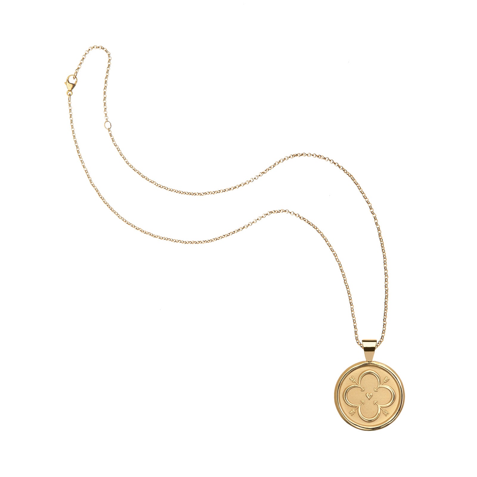 Gold Small Love Coin Pendant on classic rolo chain