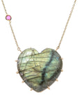 Carved labradorite heart pendant with pink tourmaline accent on chain