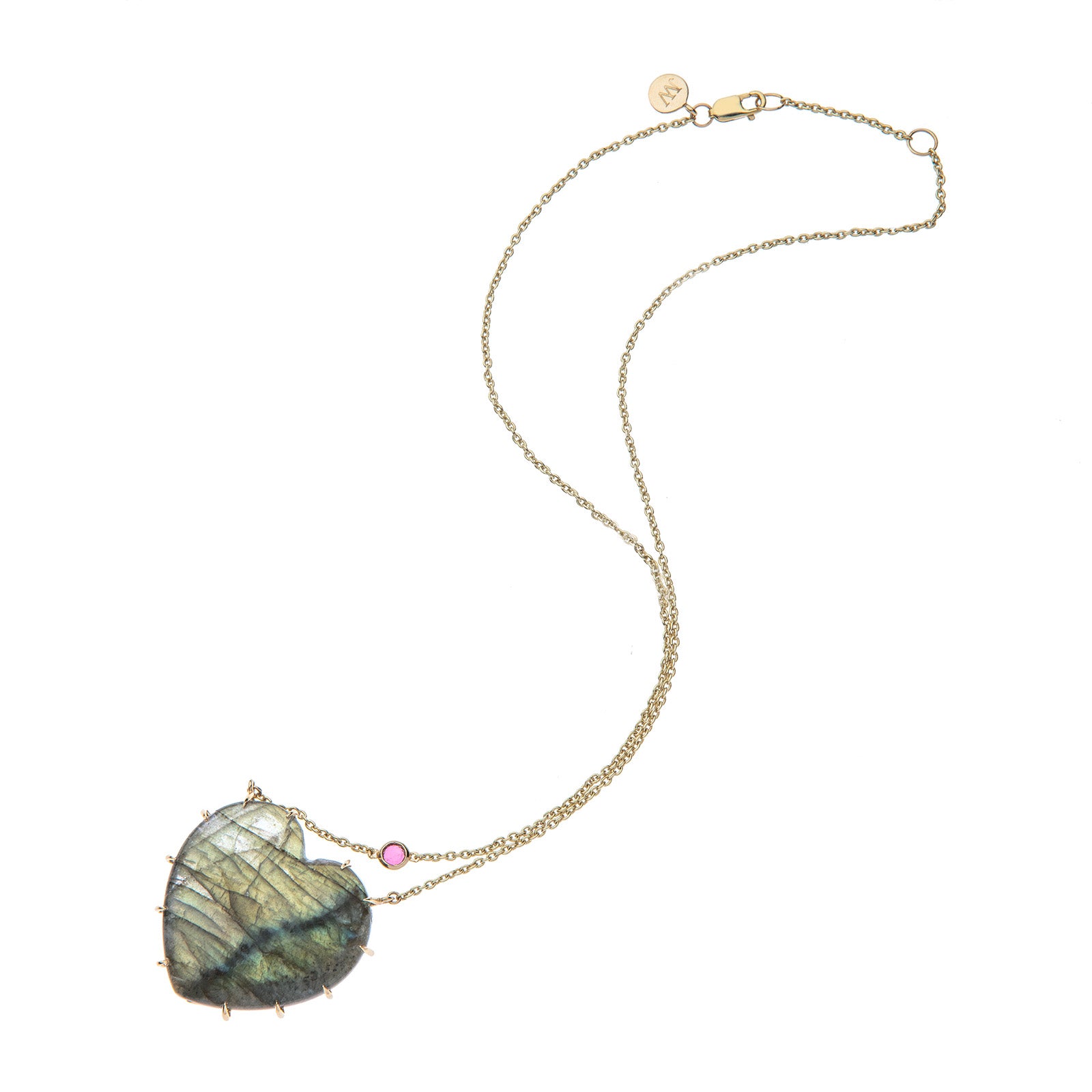 Carved labradorite heart pendant with pink tourmaline accent on chain