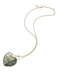 Carved labradorite heart pendant with pink tourmaline accent on chain