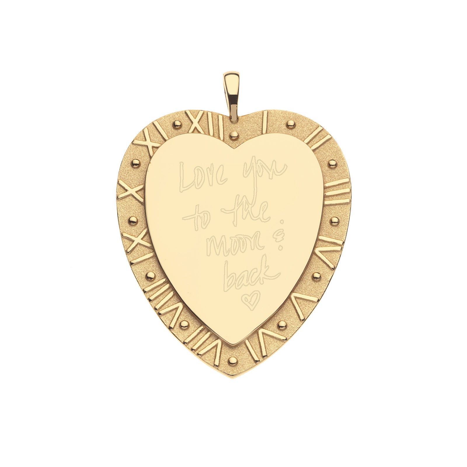 Shiny gold heart-shaped pendant with heart and arrow design, the word "love", Roman Numbers and dots around the outer edge, and Love  You To the Moon and Back design on the front.