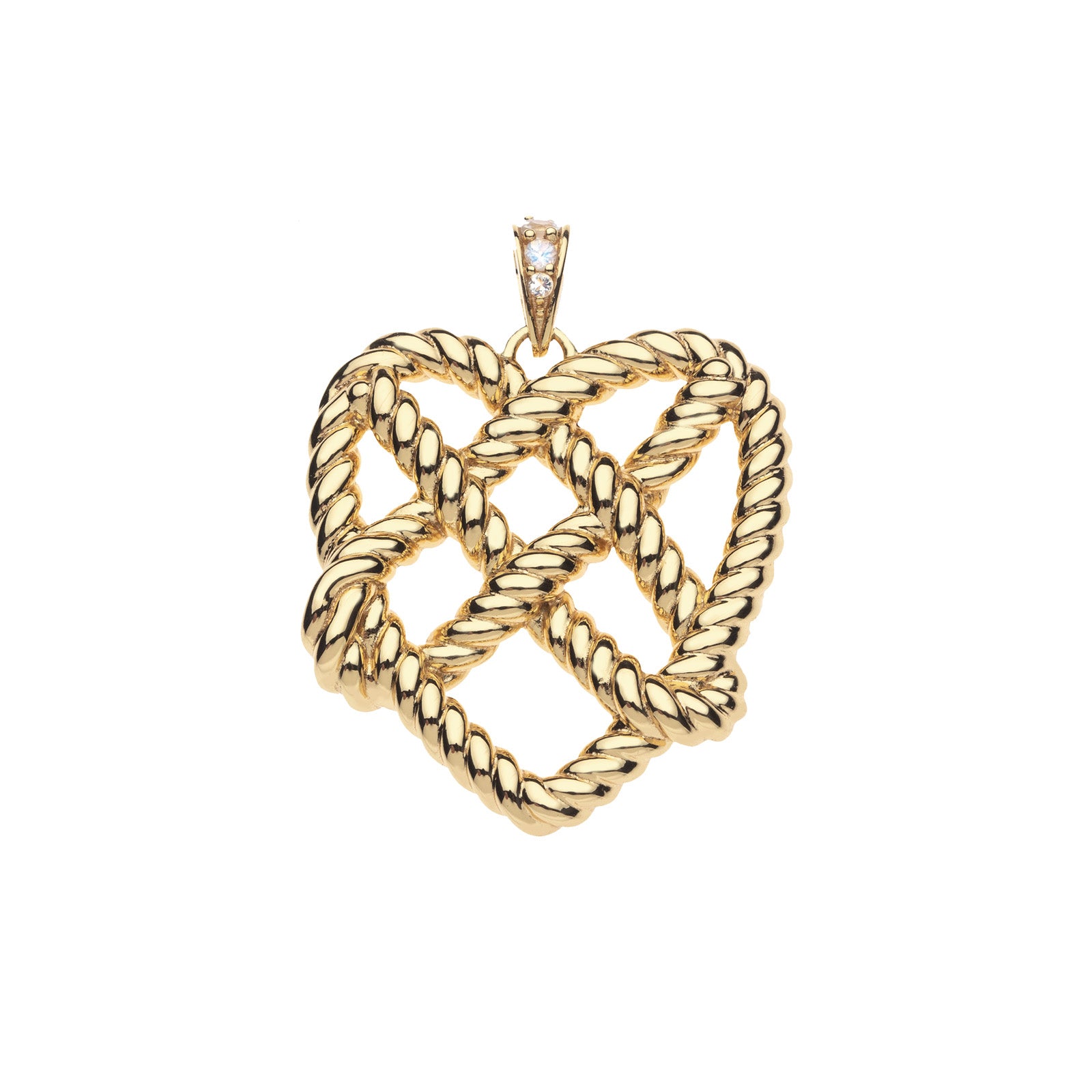 Gold pendant of rope twisted in the shape of a heart, accented with rainbow moonstone on the bail