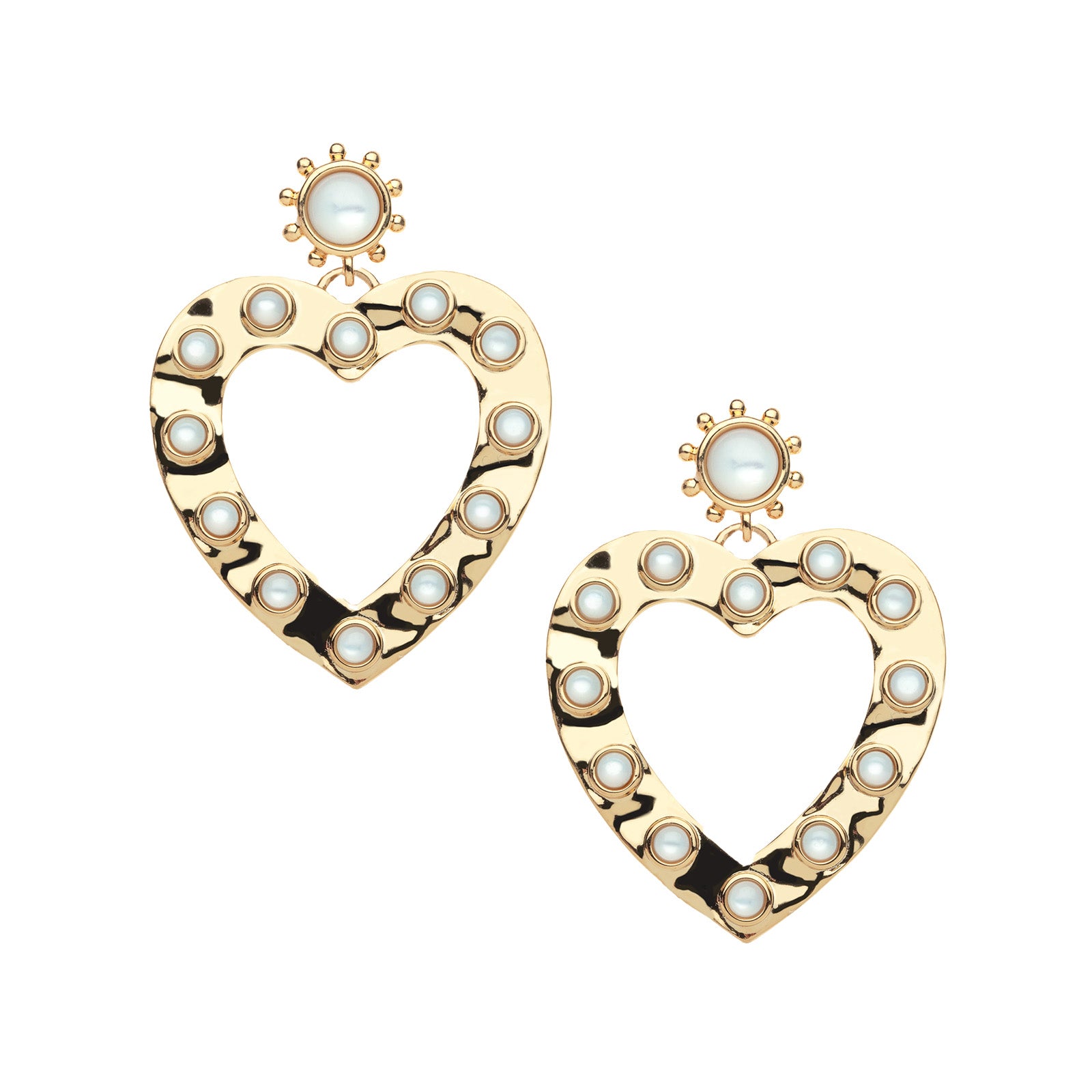 Gold drop earrings featuring sun inspired stud with mother of pearl cabochon and large gold heart drop featuring more mother of pearl cabochons around the edge