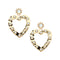 Gold drop earrings featuring sun inspired stud with mother of pearl cabochon and large gold heart drop featuring more mother of pearl cabochons around the edge