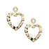 Gold drop earrings featuring sun inspired stud with mother of pearl cabochon and large gold heart drop featuring more mother of pearl cabochons around the edge