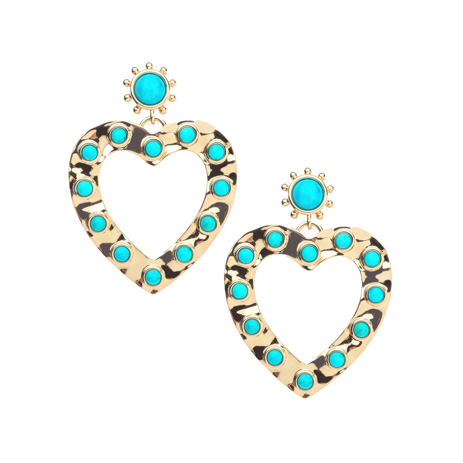 Gold drop earrings featuring sun inspired stud with turquoise cabochons and large gold heart drop featuring turquoise cabochons around the edge