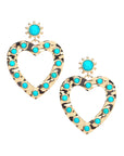Gold drop earrings featuring sun inspired stud with turquoise cabochons and large gold heart drop featuring turquoise cabochons around the edge