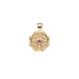 Front of gold birthstone pendant features tiny hearts and a garnet stone for January