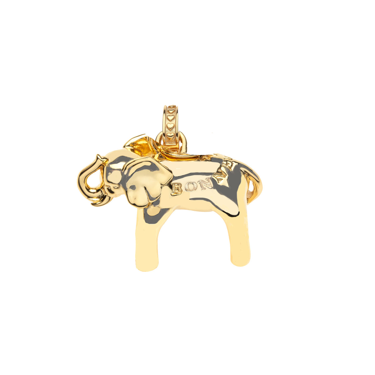 Gold elephant charm featuring the phrase BONNE CHANCE across its back