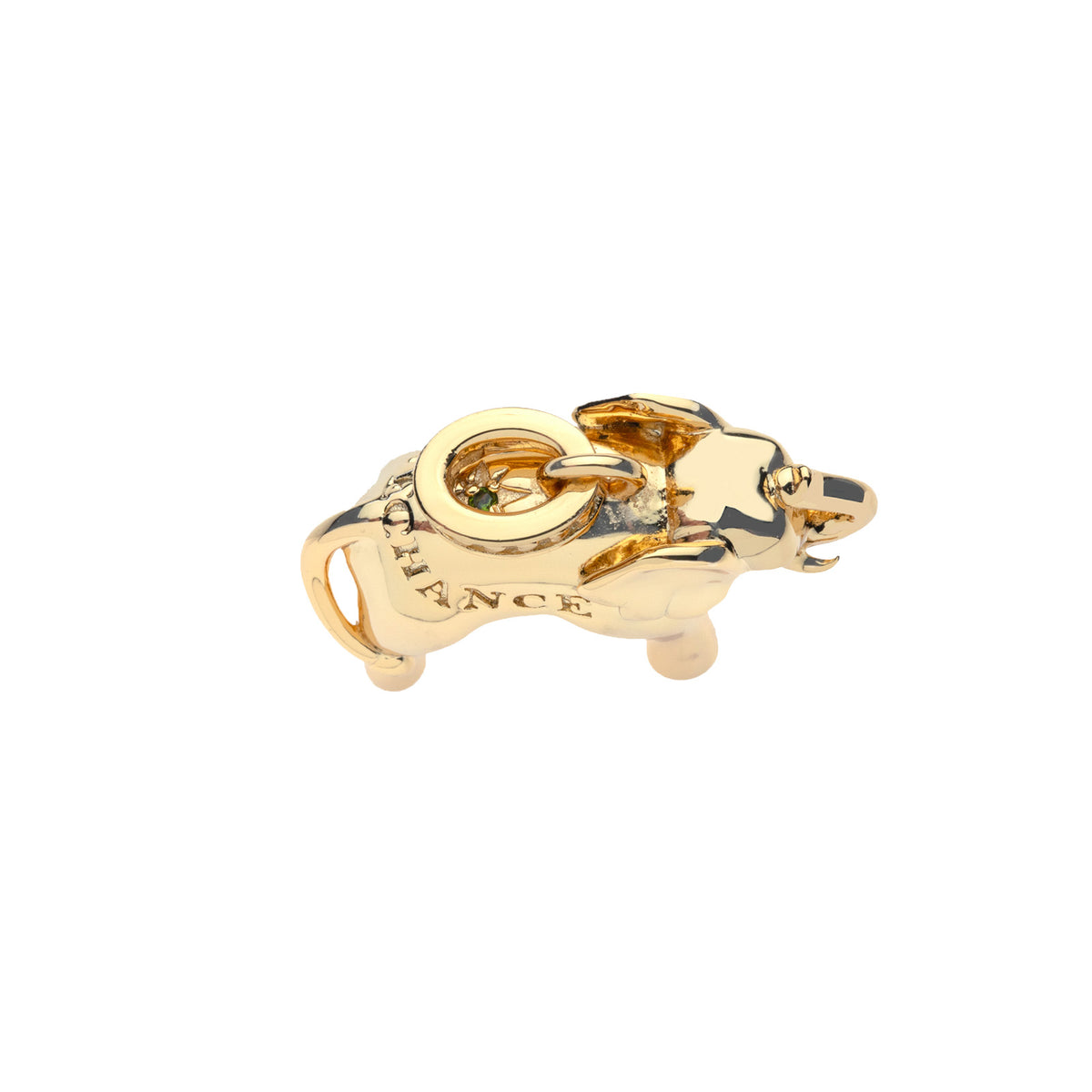Top view of the bonne chance elephant charm shows diopside stone detail on its back