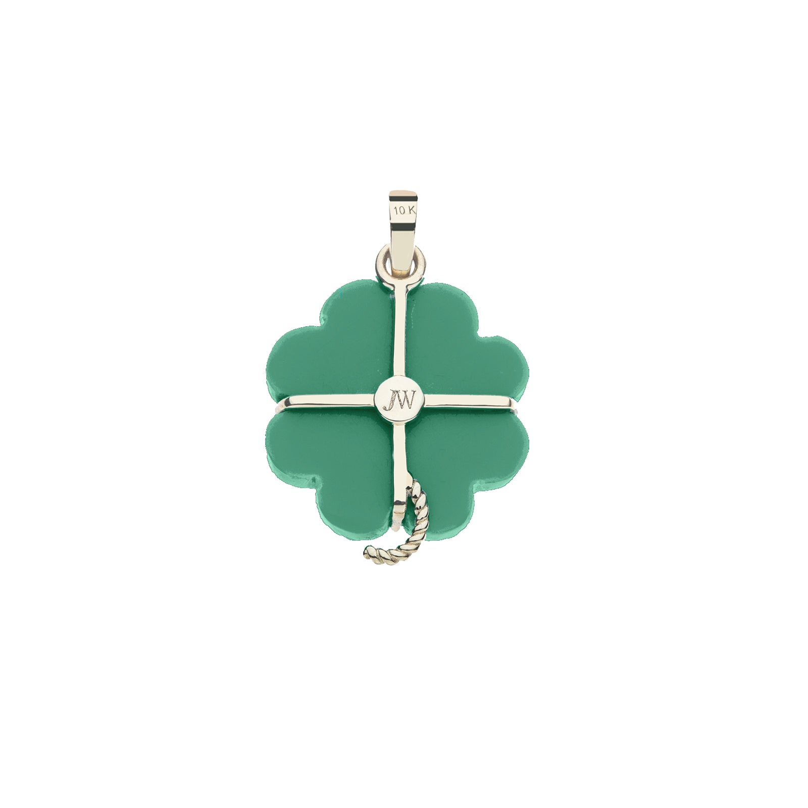 Back of carved jade clover pendant shows gold setting