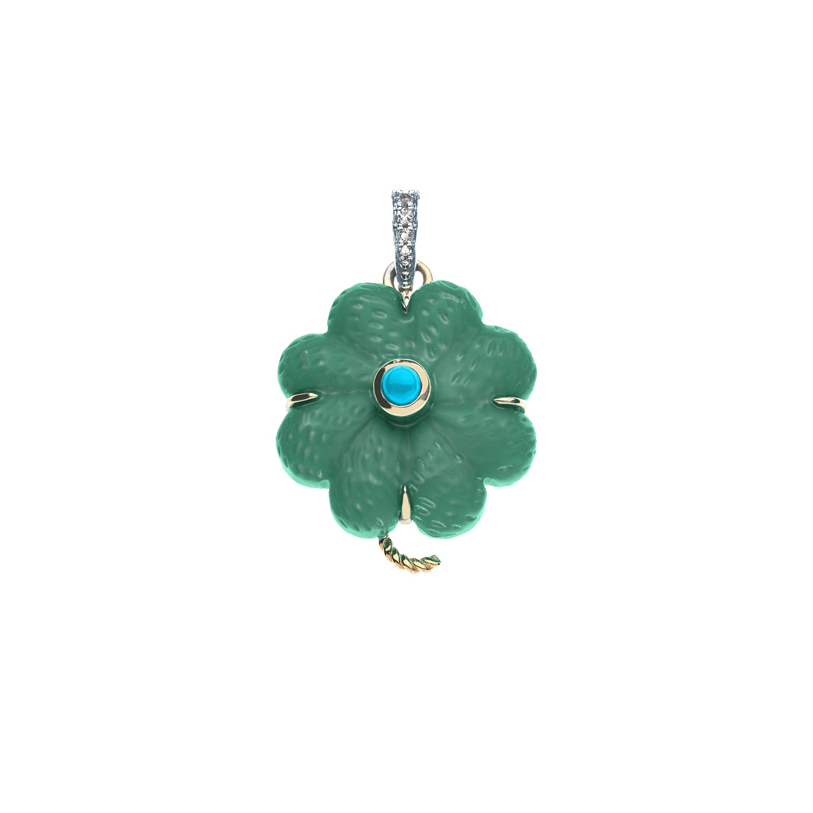 Carved jade four leaf clover in gold setting with turquoise center stone, and white topaz accents on the bail