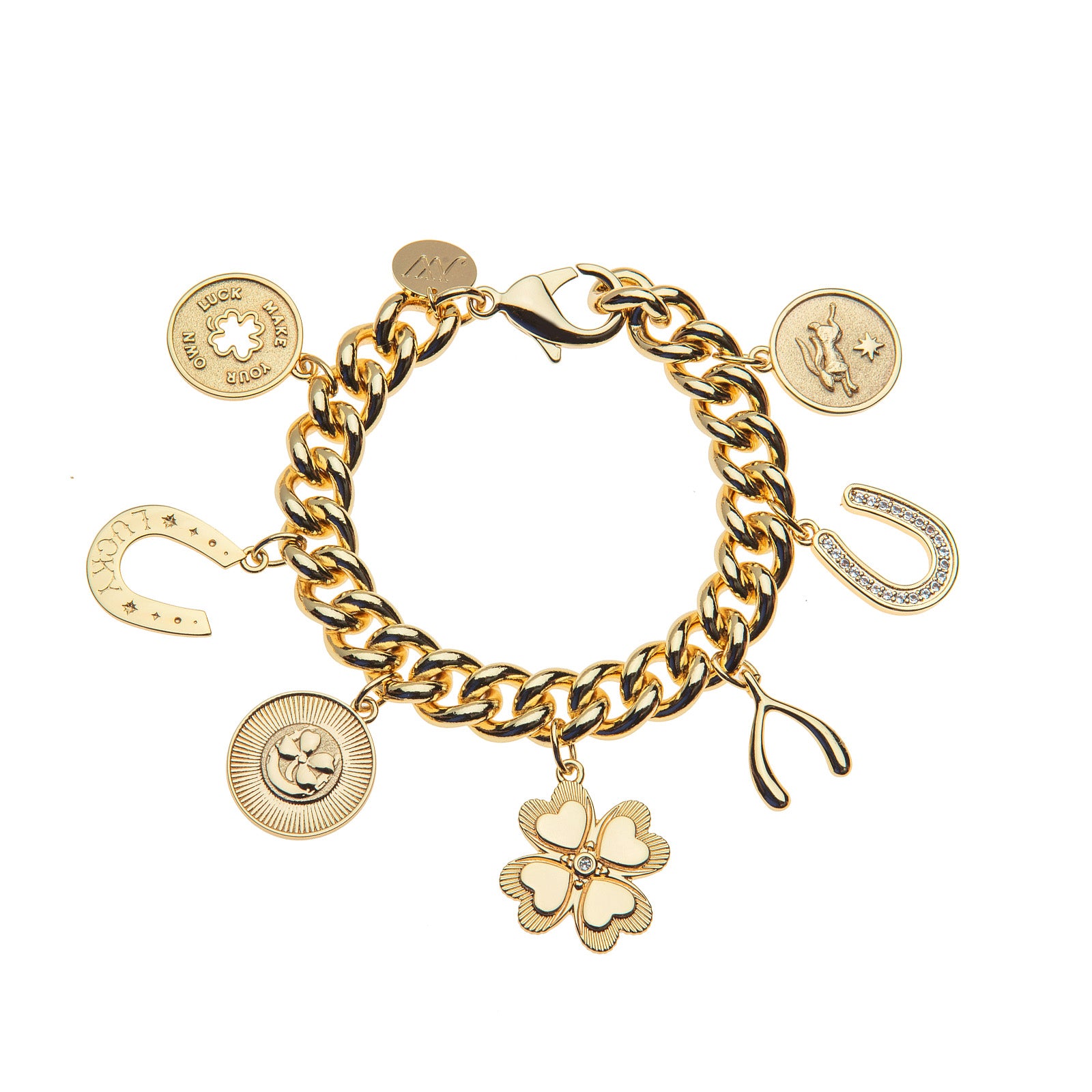Gold chain bracelet featuring 7 lucky themed charms including a horseshoe, clover, wishbone, rabbit, and more