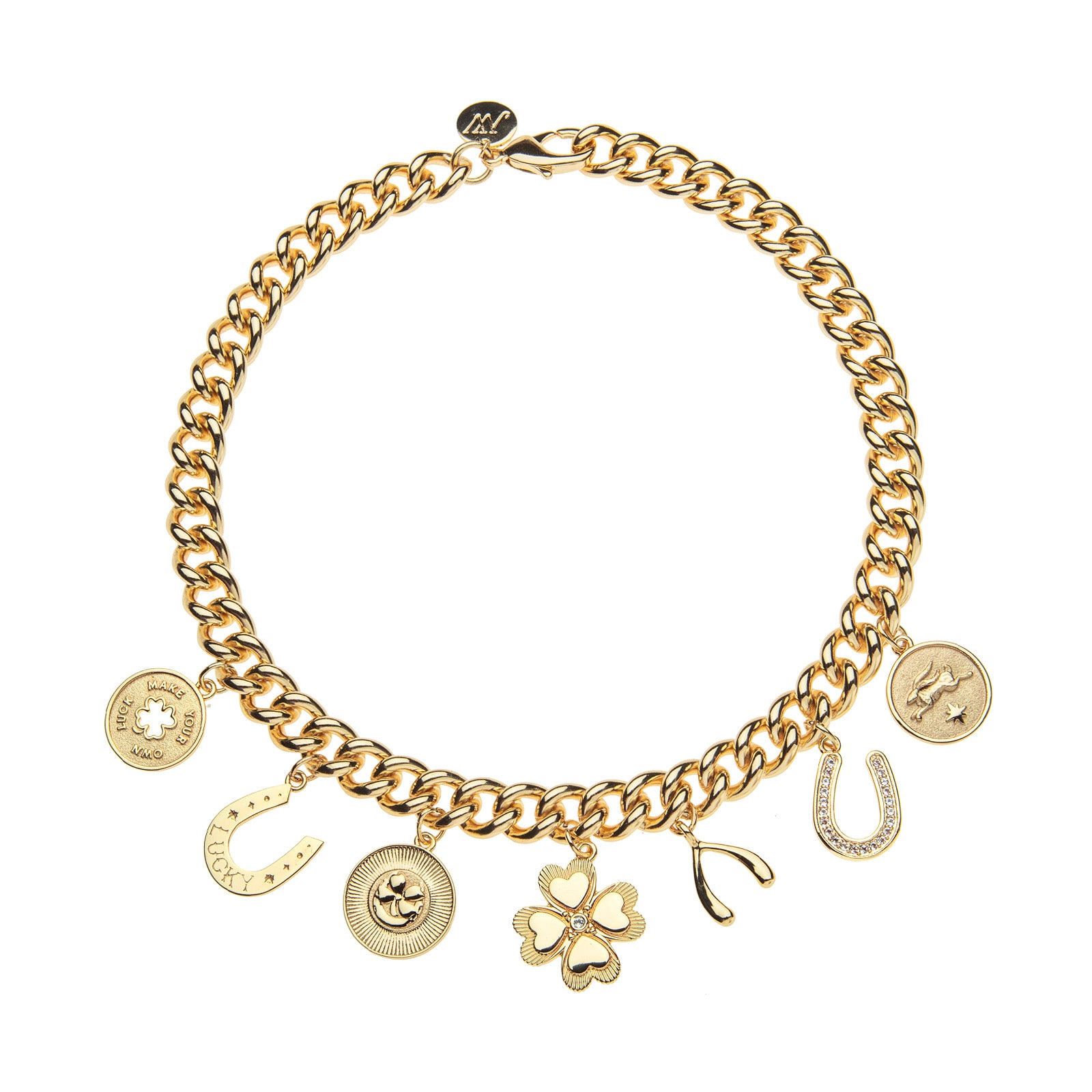 Gold chain necklace featuring 7 lucky themed charms including a horseshoe, clover, wishbone, rabbit, and more