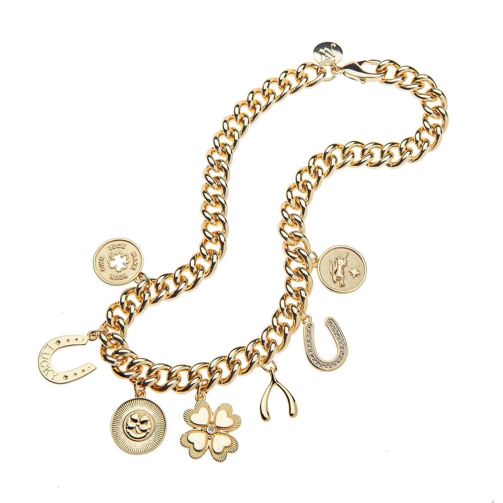 Gold chain necklace featuring 7 lucky themed charms including a horseshoe, clover, wishbone, rabbit, and more