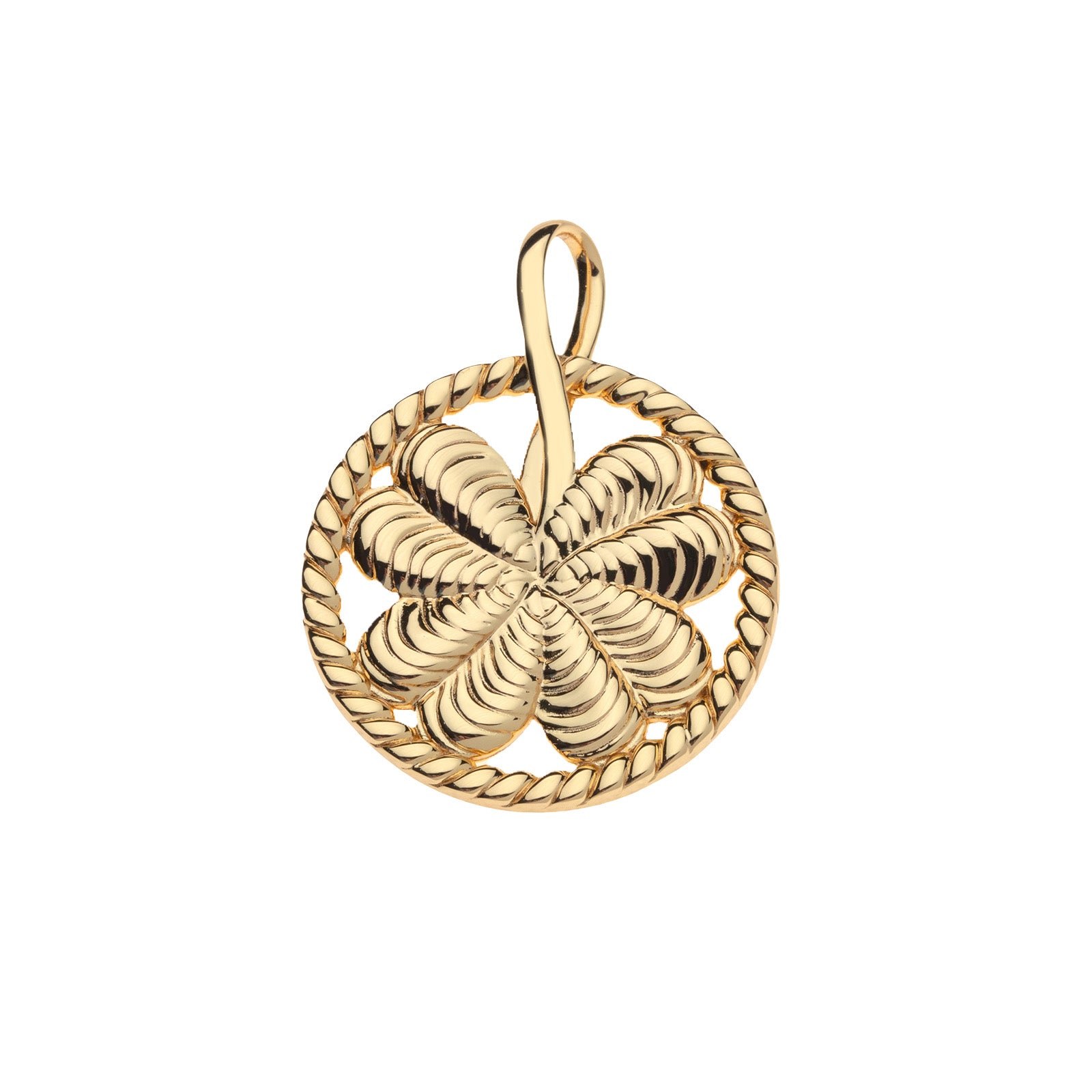 Gold cutout coin pendant features a four leaf clover and rope textured edge detail