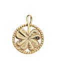 Gold cutout coin pendant features a four leaf clover and rope textured edge detail