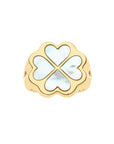 Gold four leaf clover ring features heart shaped mother of pearl leaves