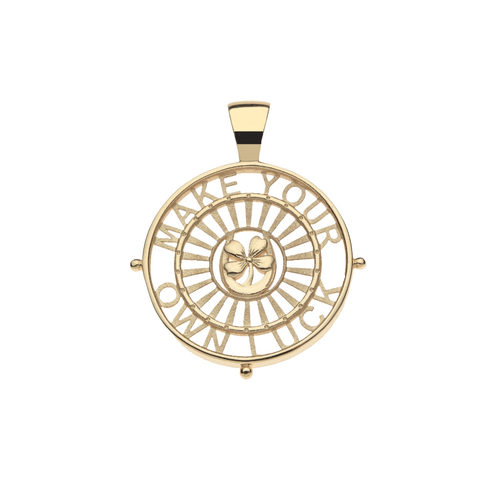 Gold lucky cutout coin pendant features four leaf clover and horseshoe in the center and the phrase MAKE YOUR OWN LUCK around the border