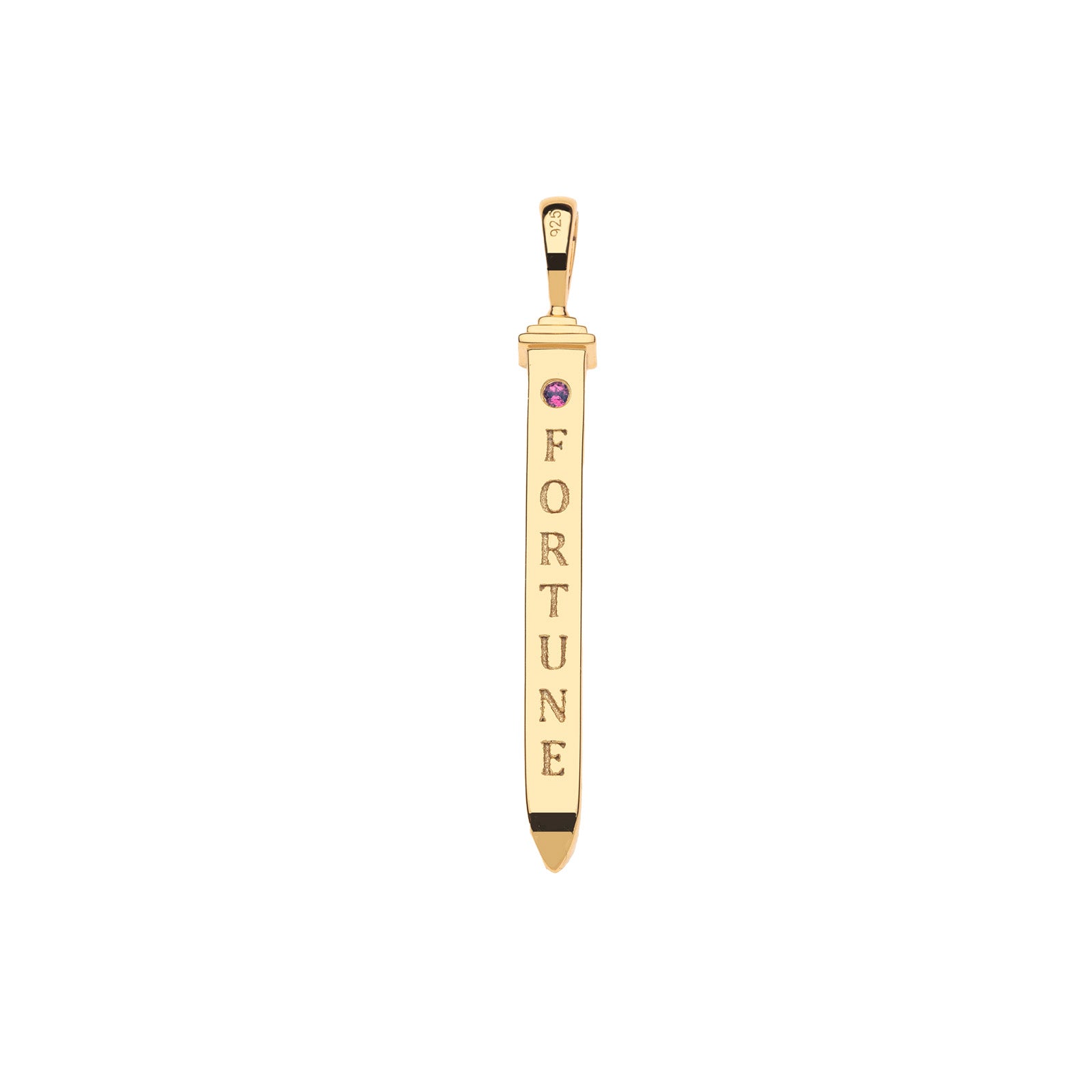 Gold sun ray pendant features the word FORTUNE with a pink tourmaline accent