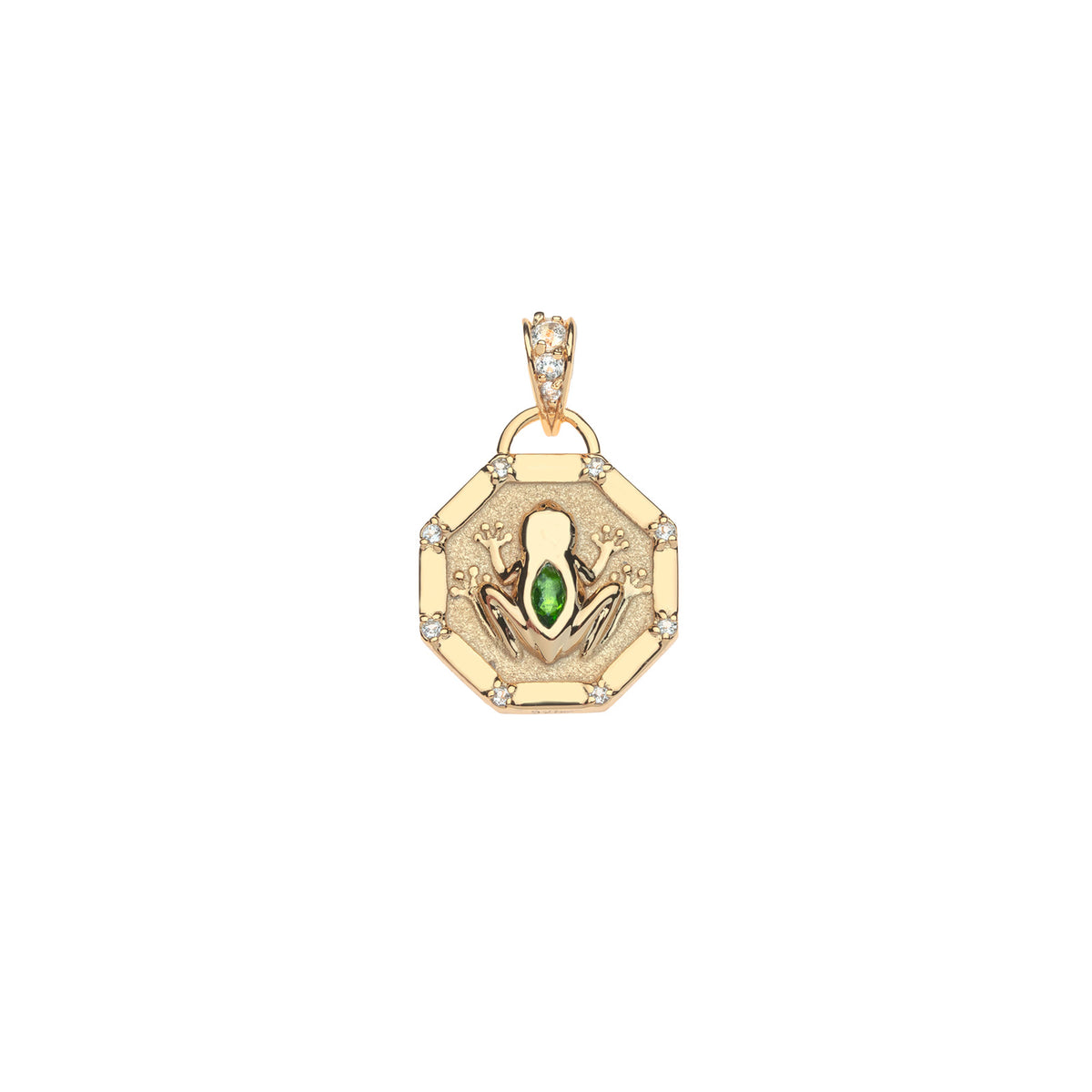 Gold octagonal pendant features frog design with green diopside accent and white topaz details around the edge and on the bail