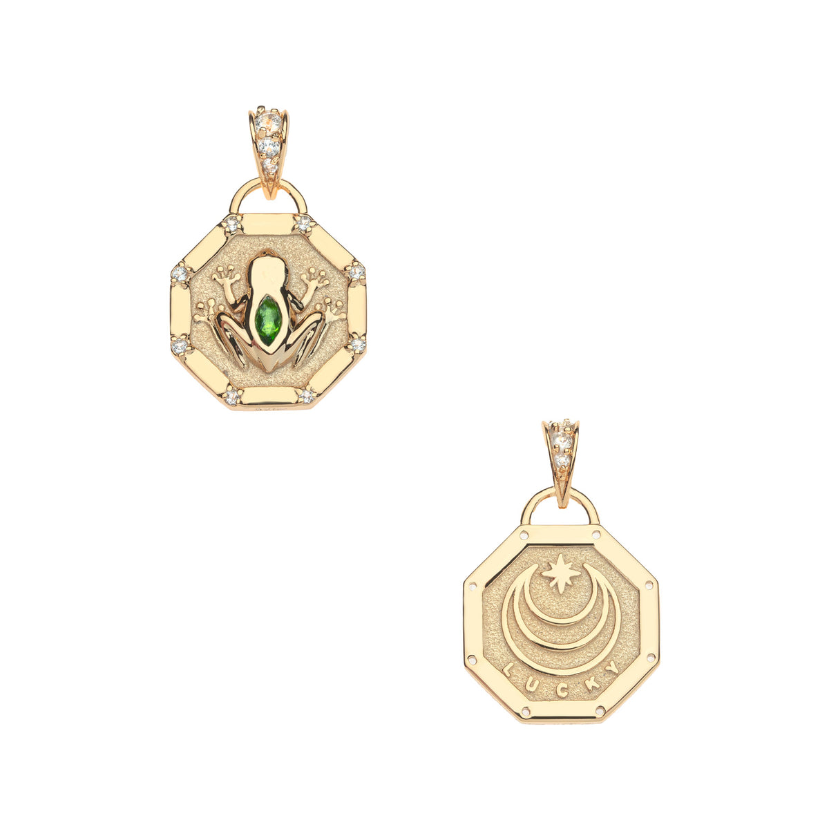 Front and back of lucky frog petite embellished pendant. Back features Jane Win moon and star logo and the word LUCKY