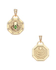 Front and back of lucky frog petite embellished pendant. Back features Jane Win moon and star logo and the word LUCKY