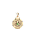 Gold octagonal pendant features frog design with green diopside accent and white topaz details around the edge and on the bail