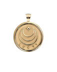 Gold Coin Pendant with Jane Win moon and star logo and word LUCKY underneath