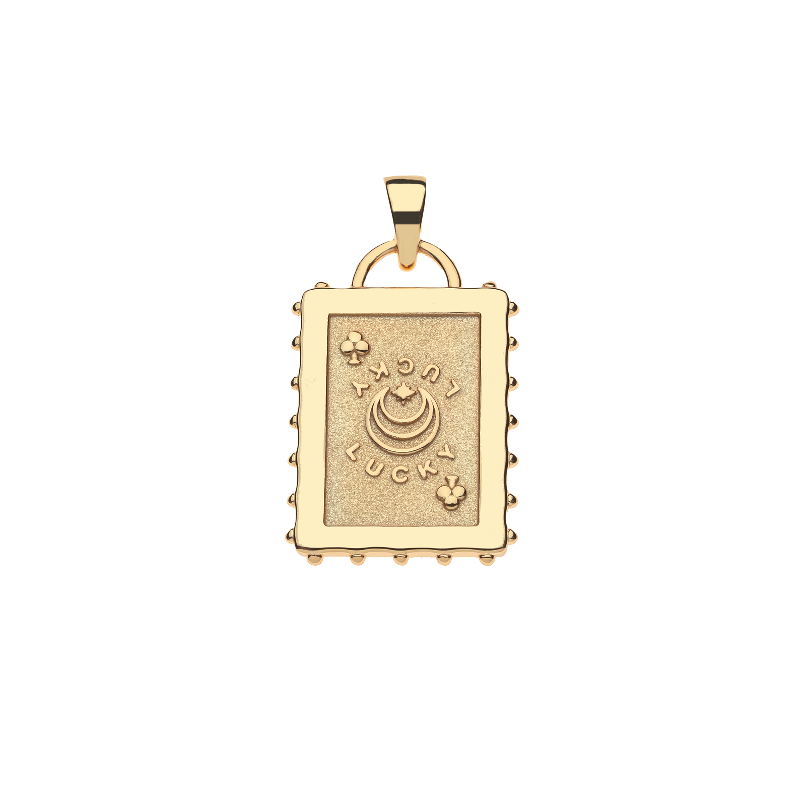 Back of playing card pendant features the clubs suit, moon and star logo, and the word LUCKY