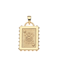 Back of playing card pendant features the clubs suit, moon and star logo, and the word LUCKY