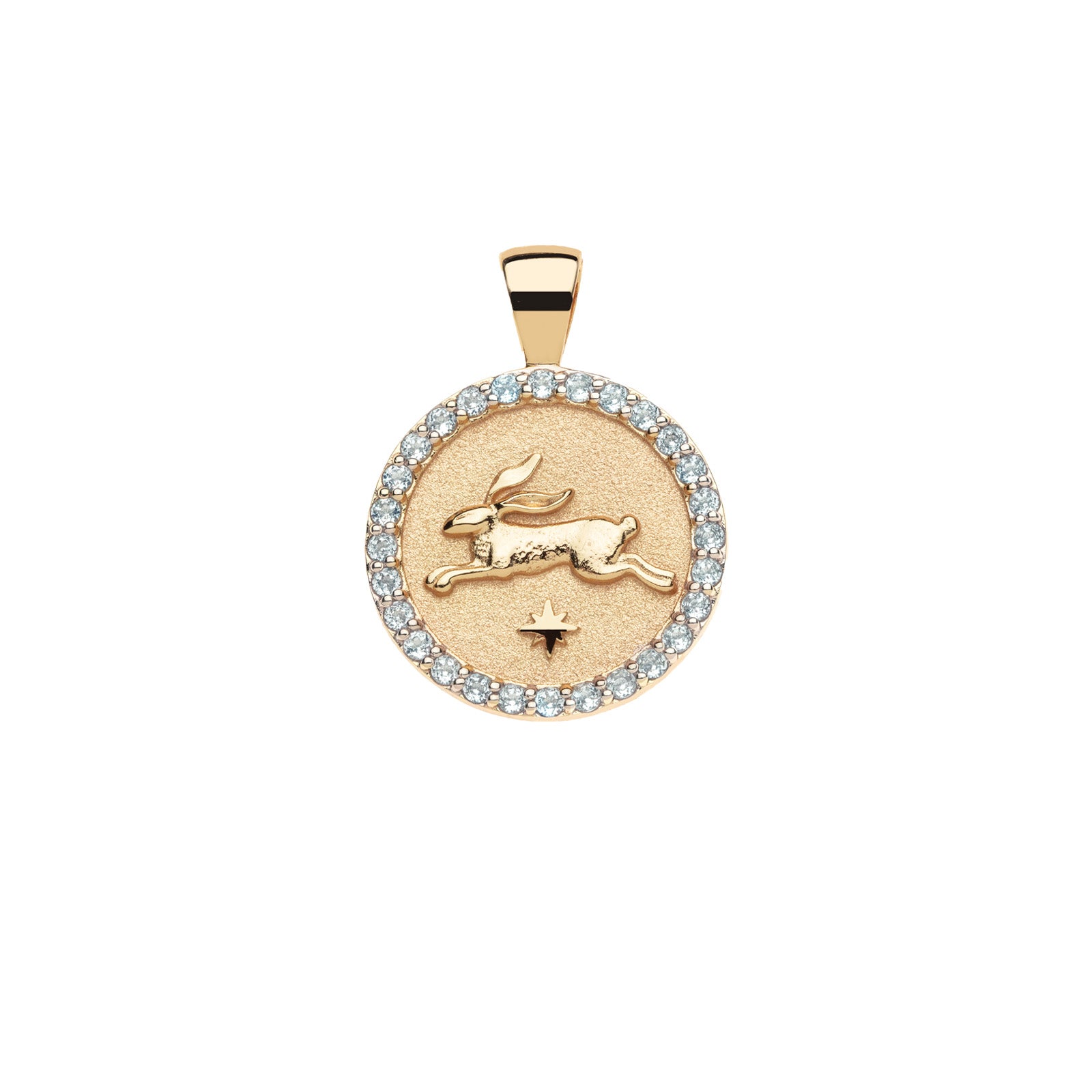 Gold coin pendant with white topaz border and features leaping rabbit and star detail. 