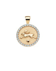 Gold coin pendant with white topaz border and features leaping rabbit and star detail. 