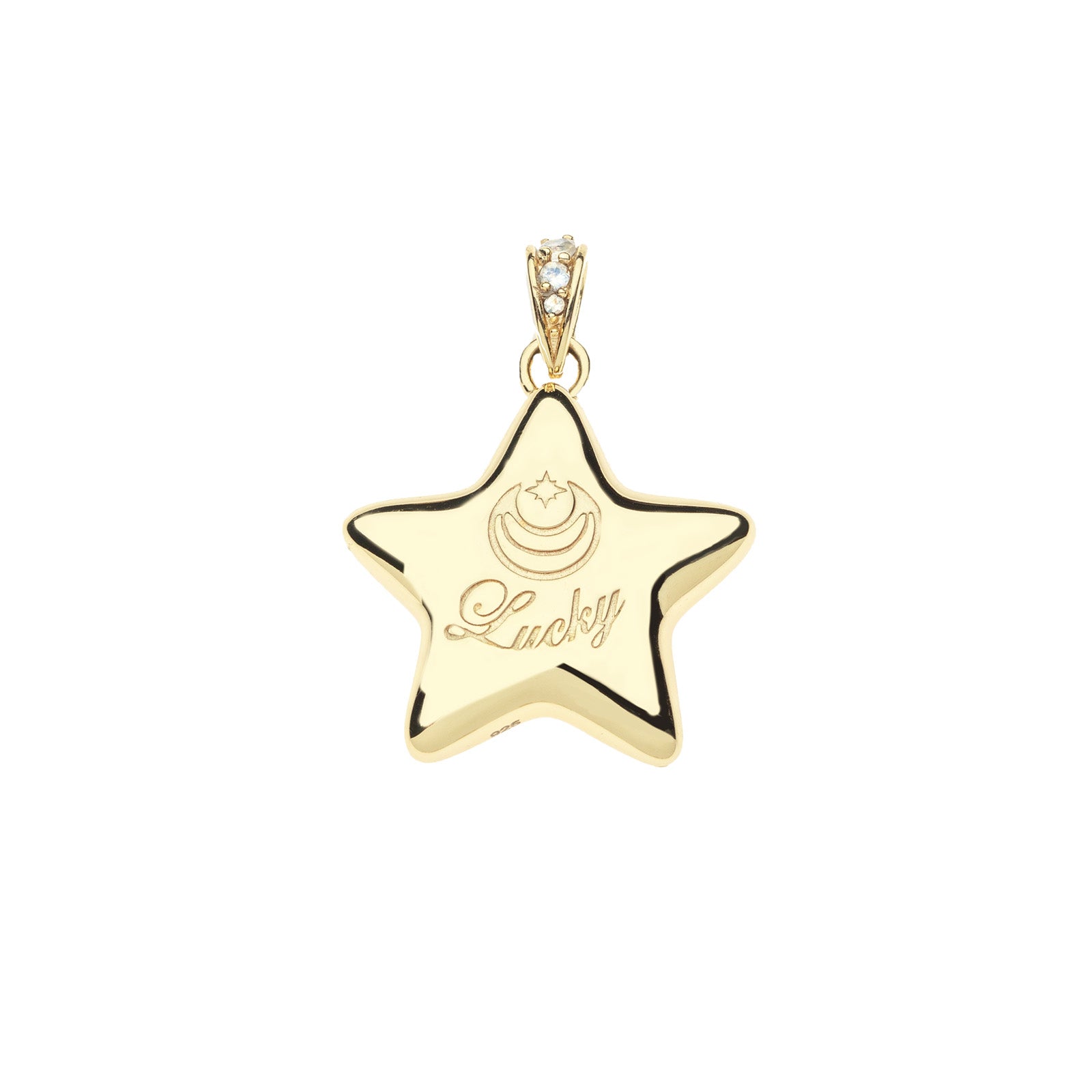 Back of gold puffy star pendant features moon and star logo and the word LUCKY in script
