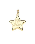 Back of gold puffy star pendant features moon and star logo and the word LUCKY in script