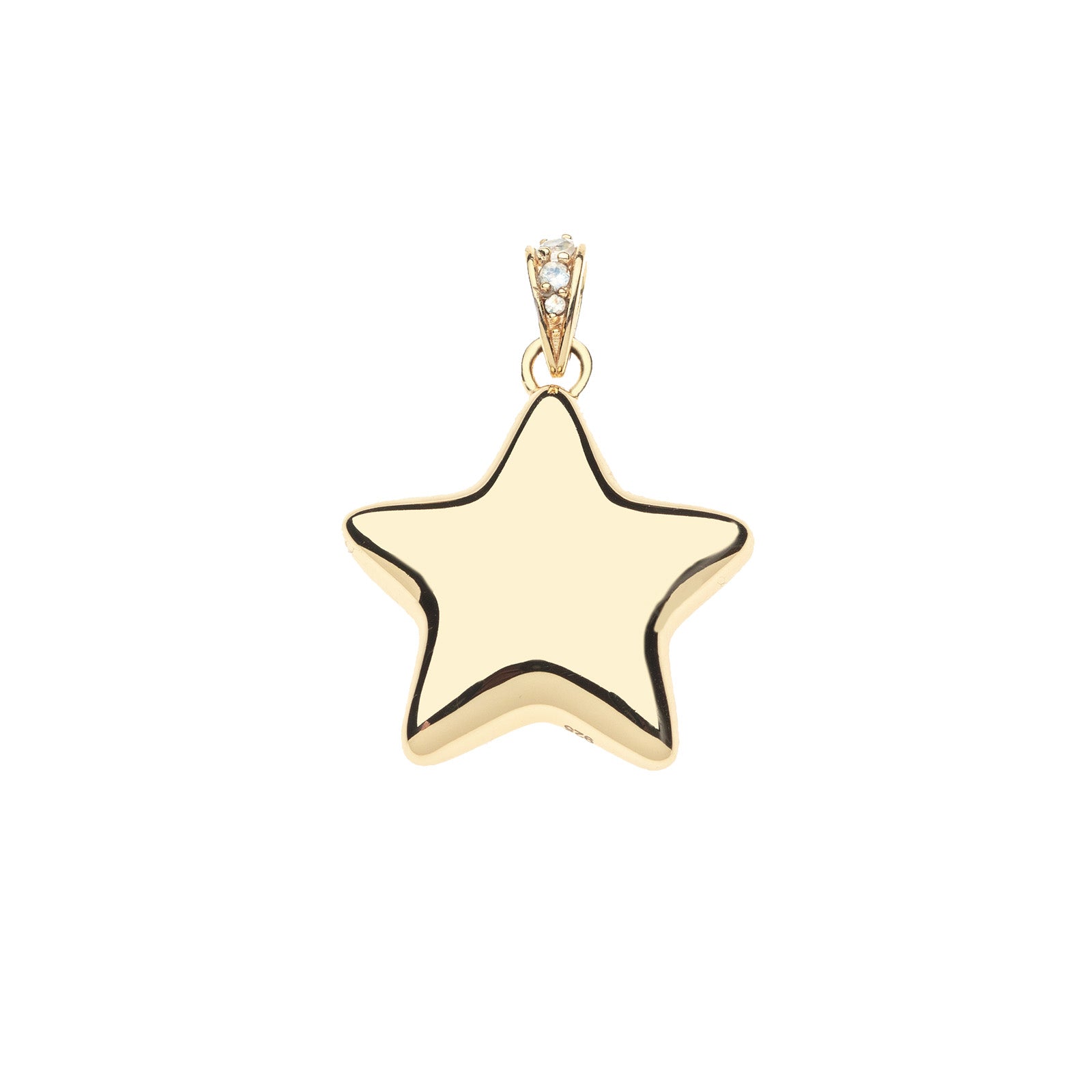 Gold puffy star pendant with rainbow moonstone accents on the bail