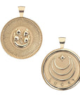 Gold Coin Pendant with Jane Win moon and star logo and word LUCKY underneath