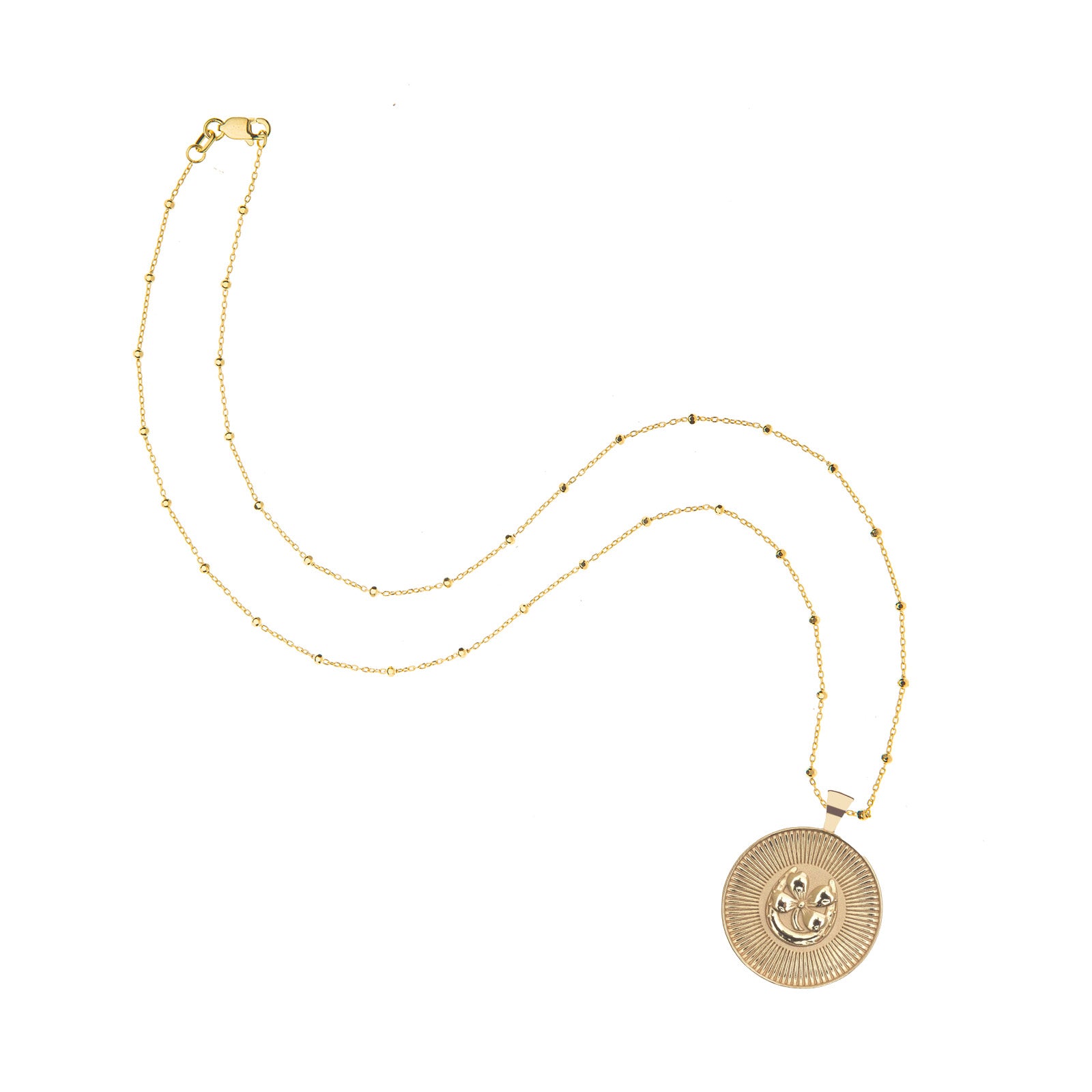 Gold lucky coin on 14 karat satellite chain