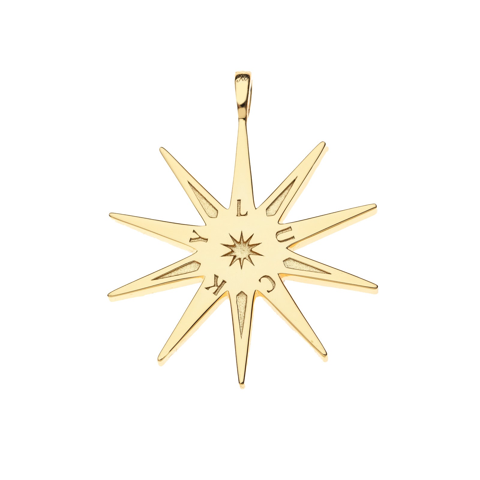 Back of gold supernova pendant features star detail and the word LUCKY