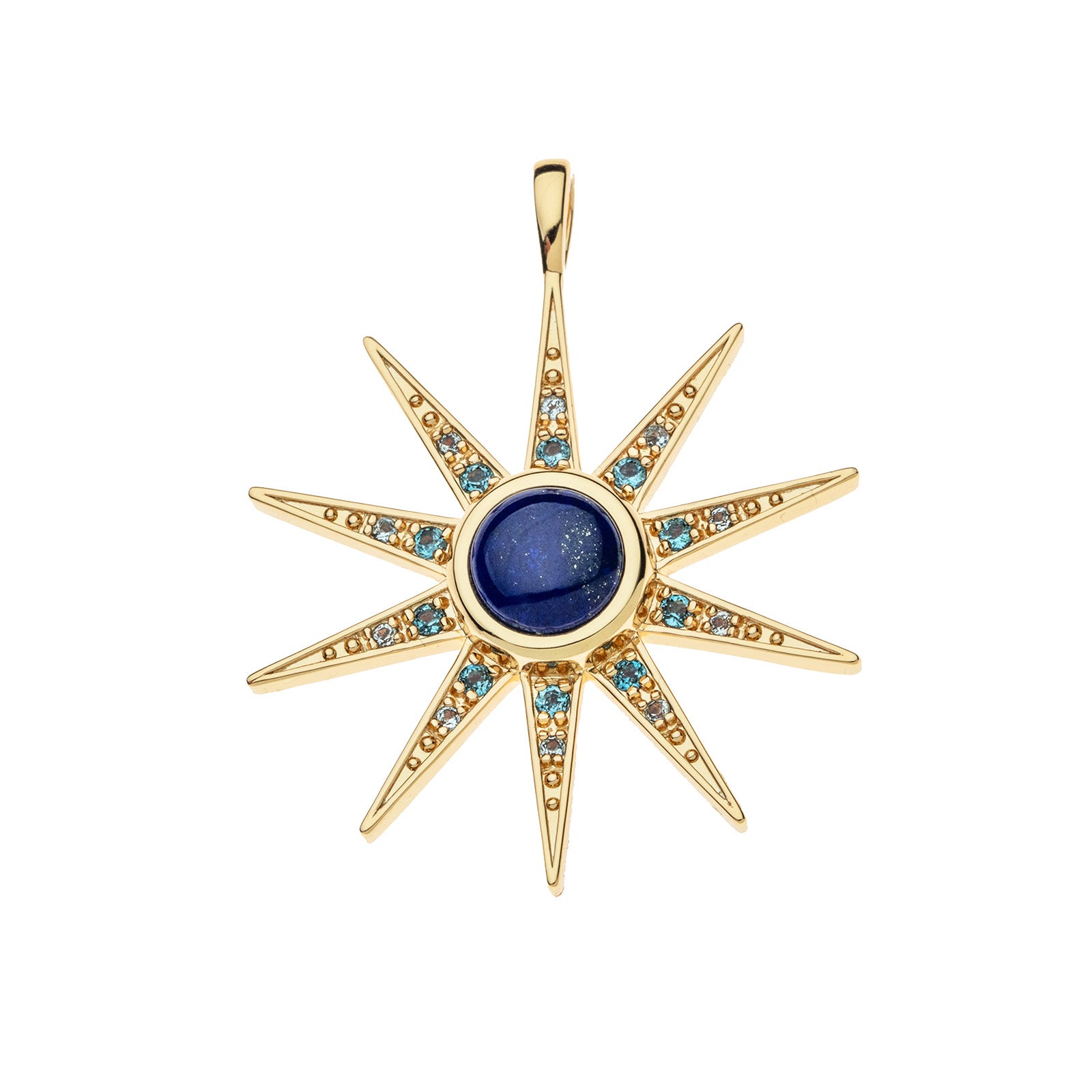 Gold 8 point supernova star pendant features lapis cabochon center stone and London Blue Topaz and Sky Blue Topaz accents along star points