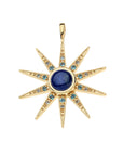Gold 8 point supernova star pendant features lapis cabochon center stone and London Blue Topaz and Sky Blue Topaz accents along star points
