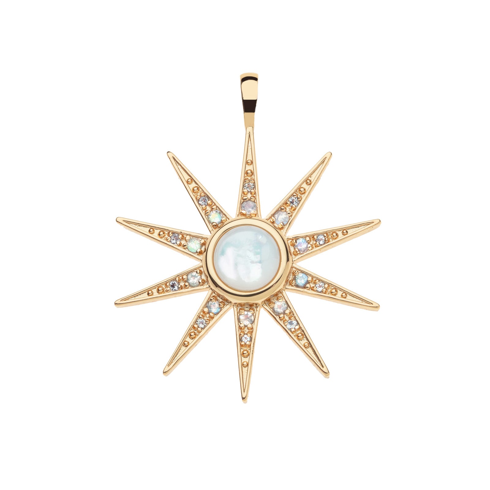 Gold 8 point supernova star pendant features mother of pearl cabochon center stone with moonstone and white topaz accents along star points