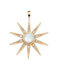 Gold 8 point supernova star pendant features mother of pearl cabochon center stone with moonstone and white topaz accents along star points