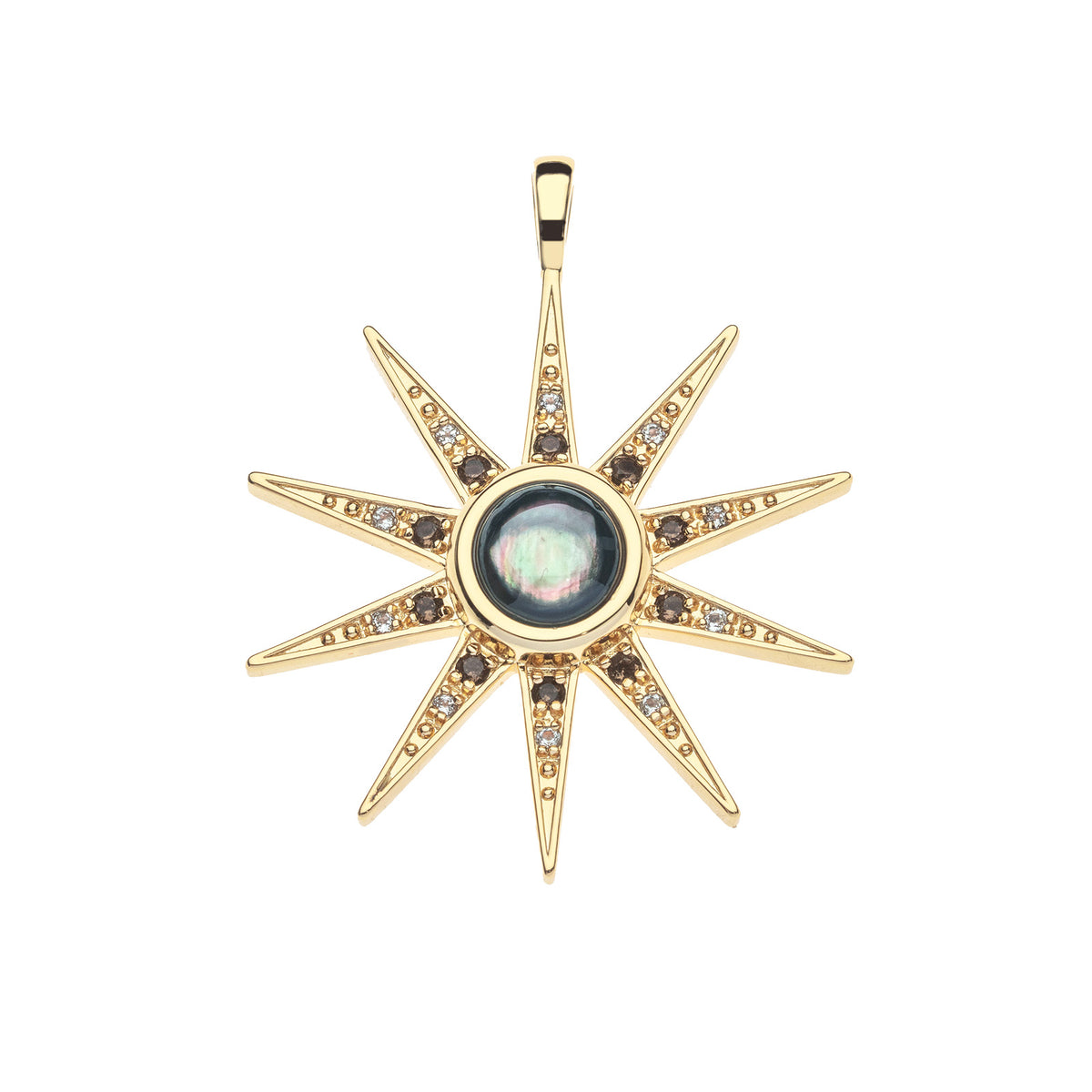 Gold sparkling supernova pendant features black mother of pearl cabochon at the center and smoky topaz and white topaz accents on the stars 10 points